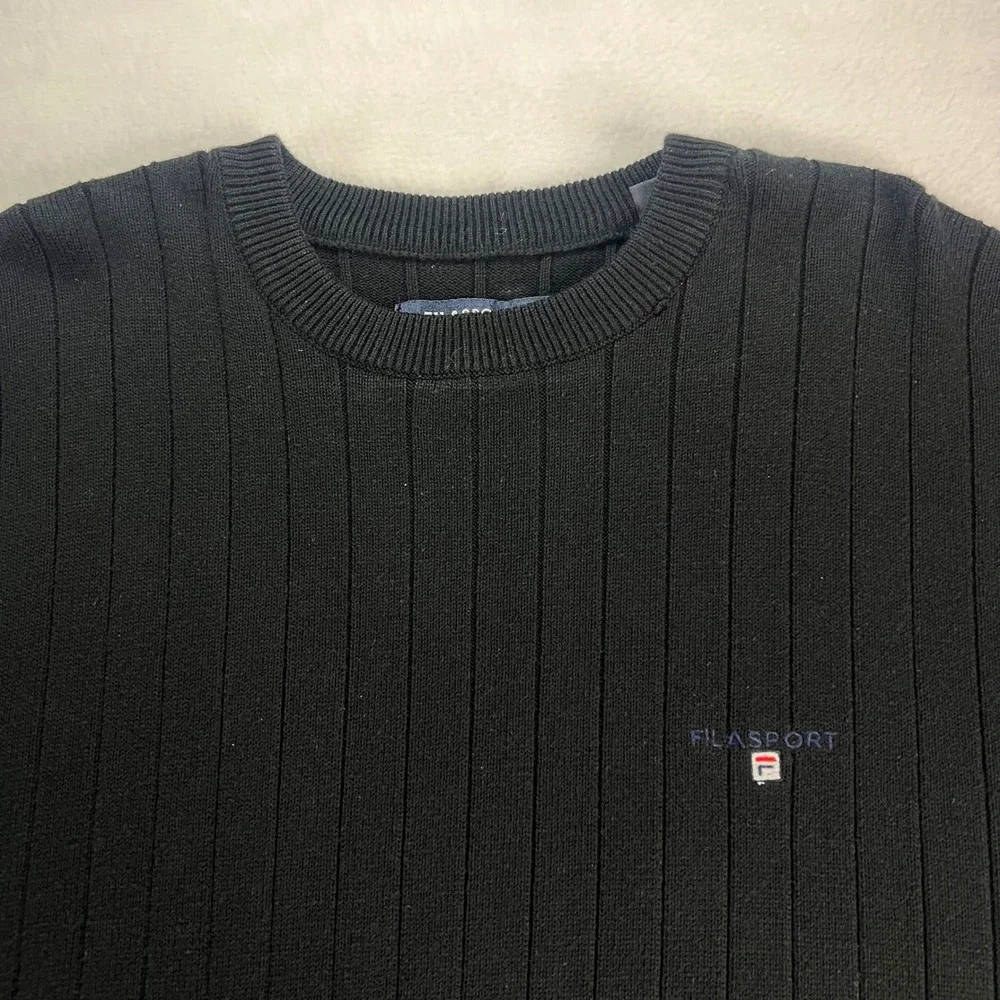 VTG Fila Sport Mens Black Ribbed Crewneck Sweater Long Sleeve XL Cotton Blend